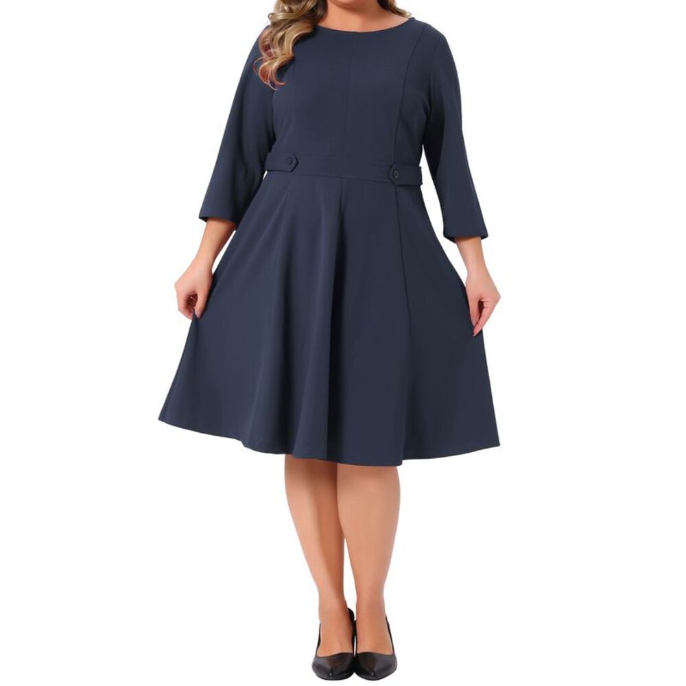 Women Plus Size Office Dress 1950s Wear to Work Dresses Navy Blue